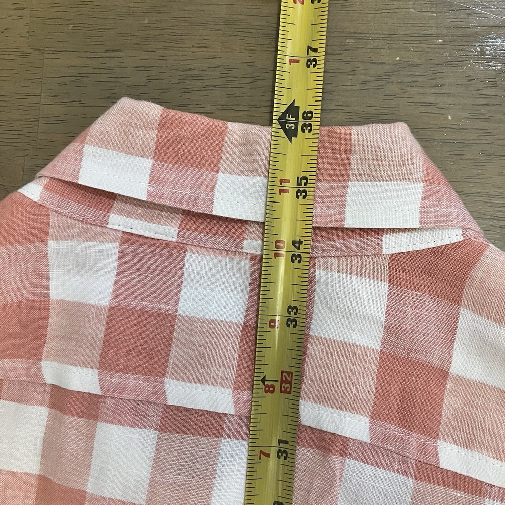 LL Bean Shirt Mens Tall XLT Linen Short Sleeve Slightly Fitted Salmon Pink Plaid - Picture 7 of 8